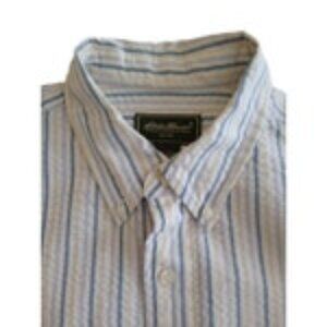 Eddie Bauer Buttton Shirt Men's Size L Tall Multicolor Stripes Seersucker Fabric